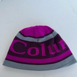 Columbia Omni Heat Lined Beanie Hat Purple Gray Stripe Winter Ski Hiking Cap
